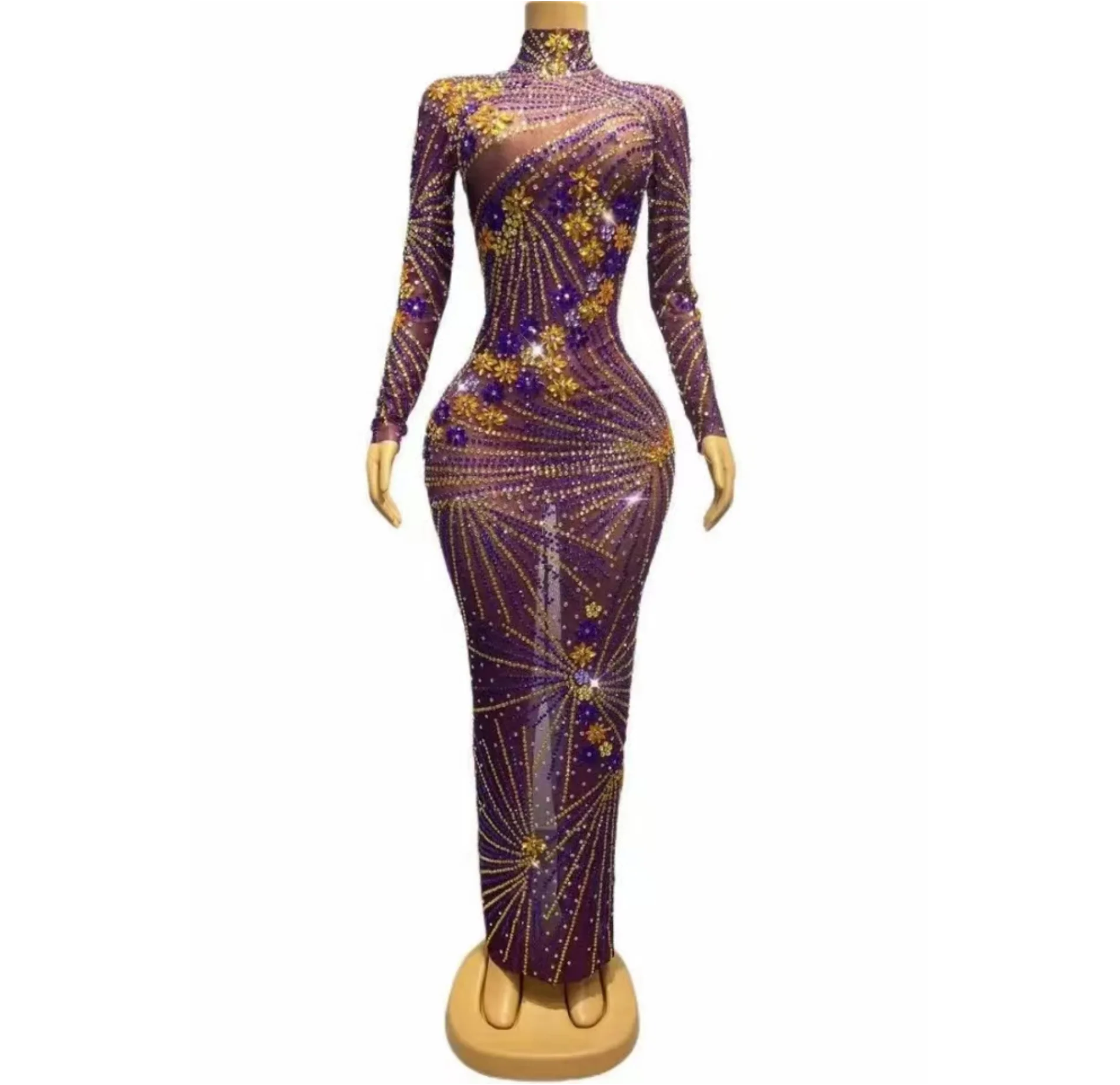 purple gold rhinestones transparent longsleeves dress