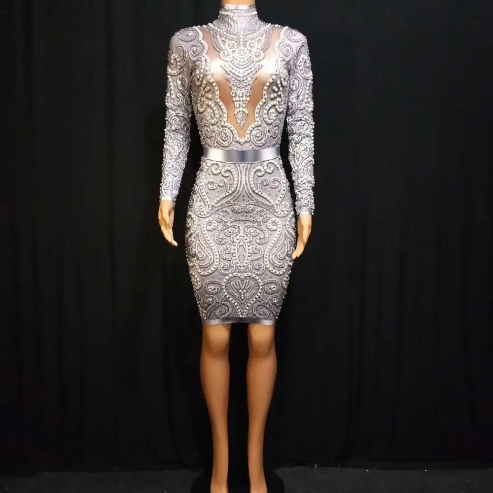sexy rhinestones pearls cocktail party dress