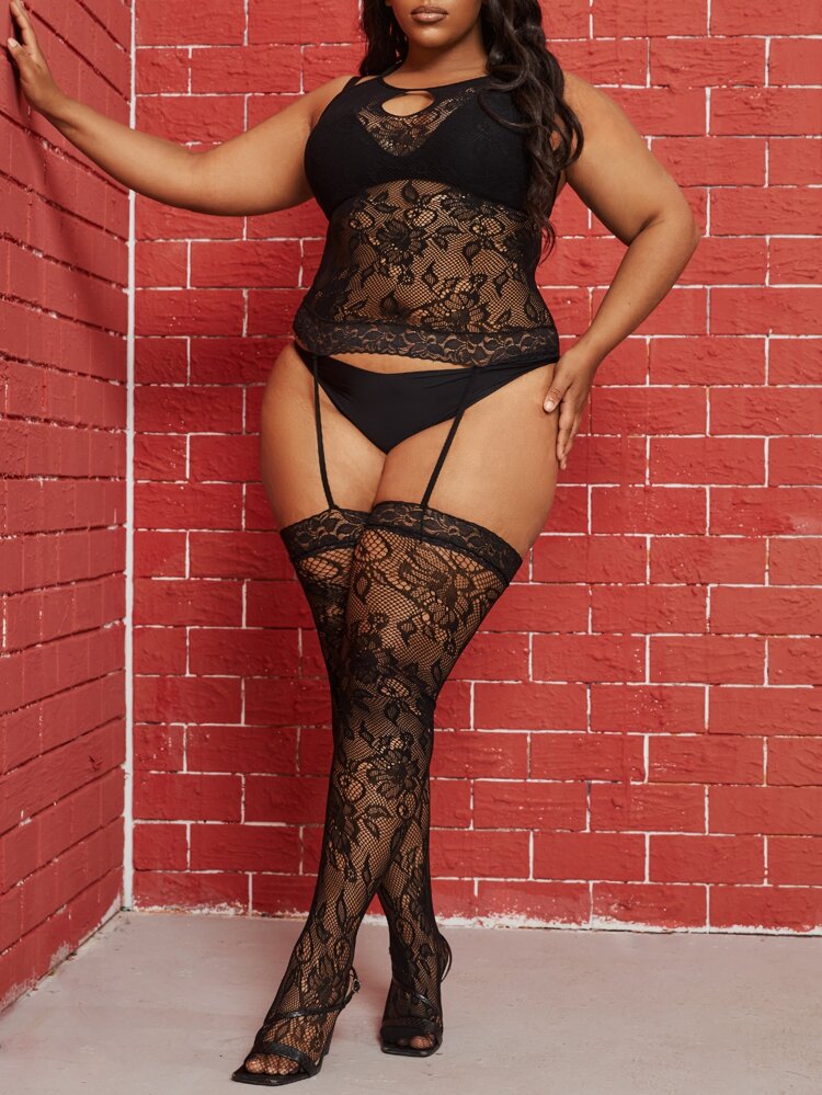 plus floral lace bodystocking shein